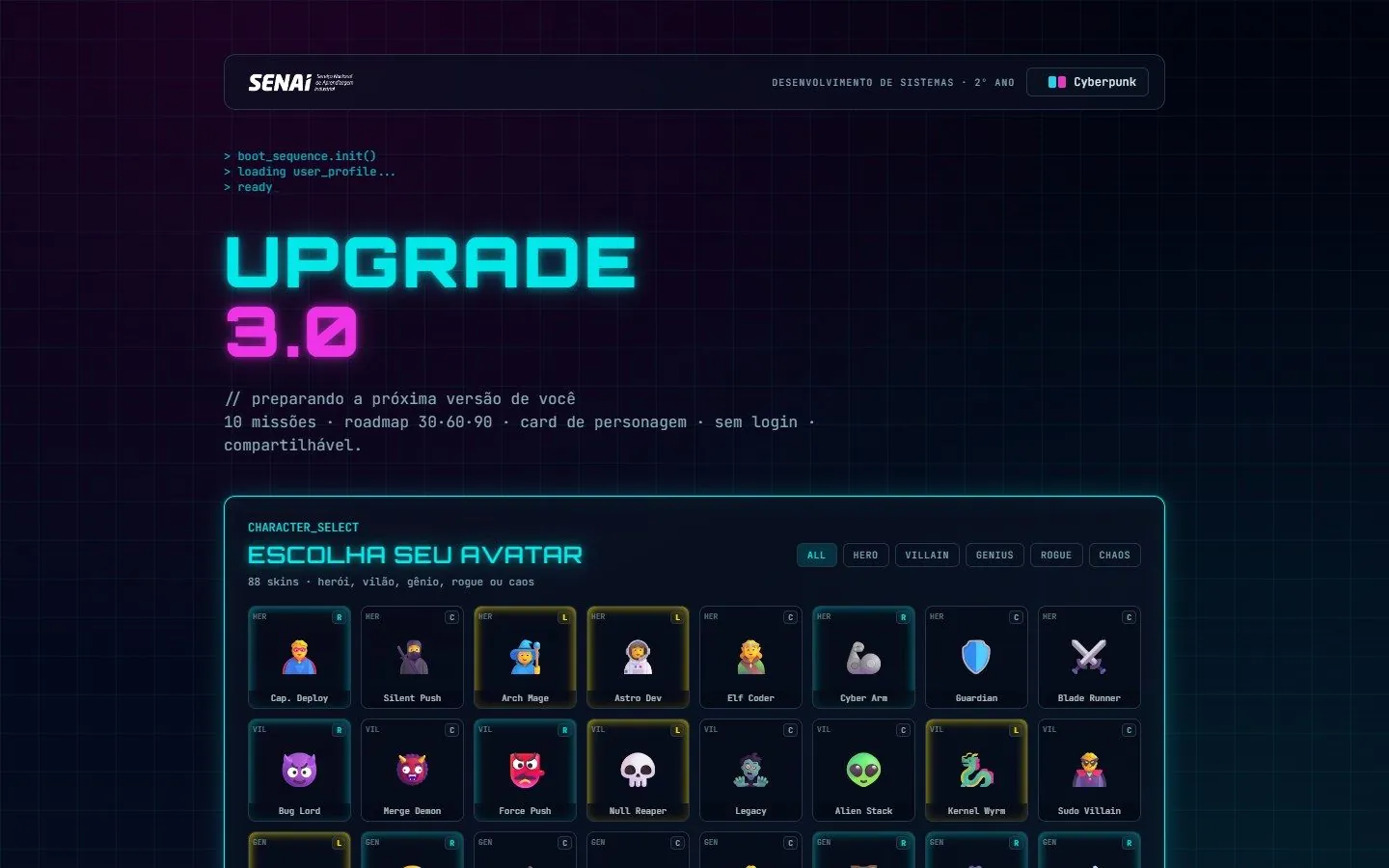Escolha de avatar no Upgrade 3.0