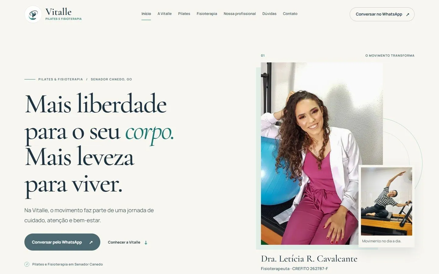 Página inicial da Vitalle Pilates e Fisioterapia no computador